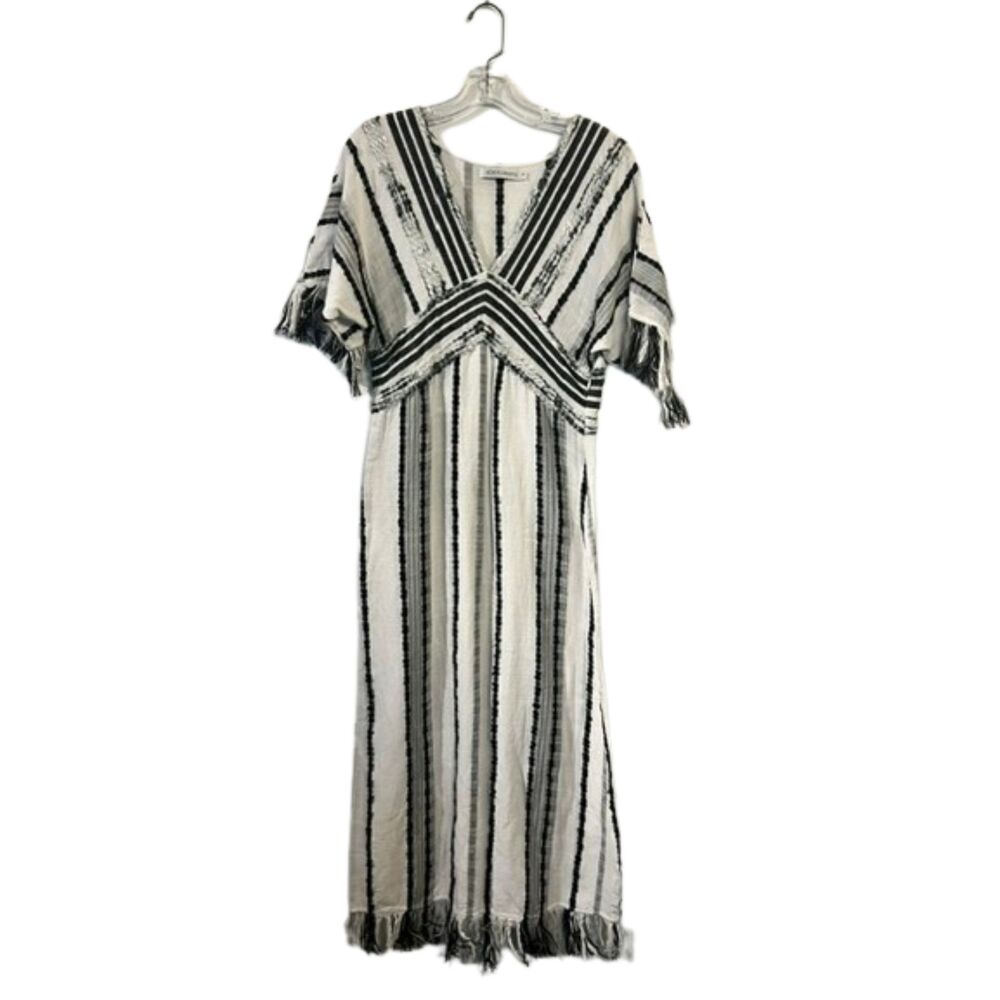 Ada Kamara Striped Fringe Maxi Dress V-Neck Boho Kaftan Coastal Cotton Medium